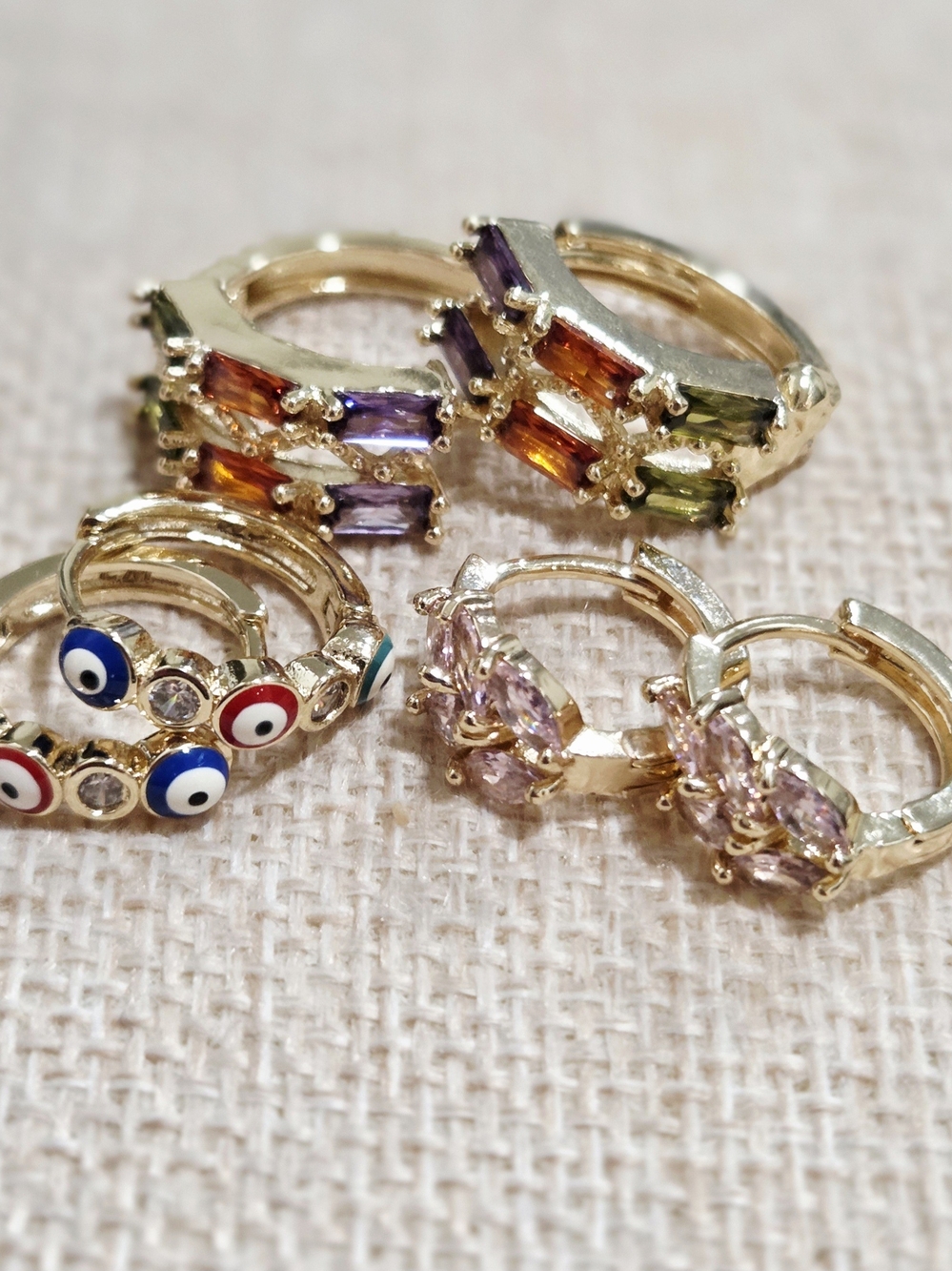 Multi-Gem Huggies Earrings with Multi-Colors & Evil Eye Bundle